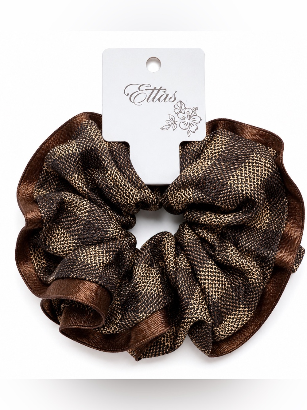 Ettas Brown Black Plaid Satin Reversible Oversized Scrunchie NWT